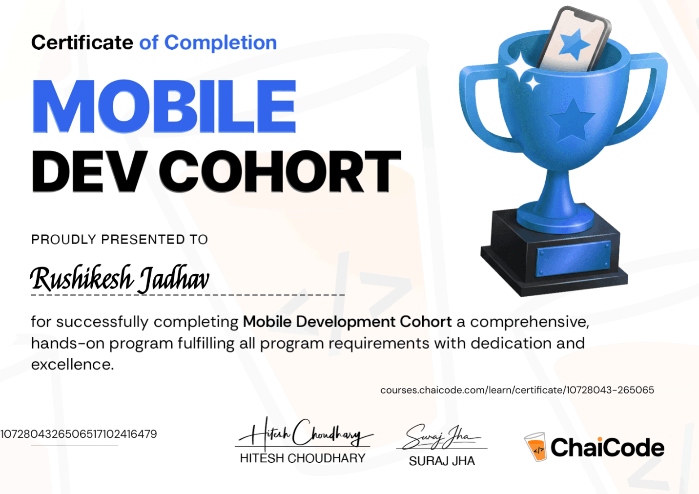 Mobile Development Cohort certificate
