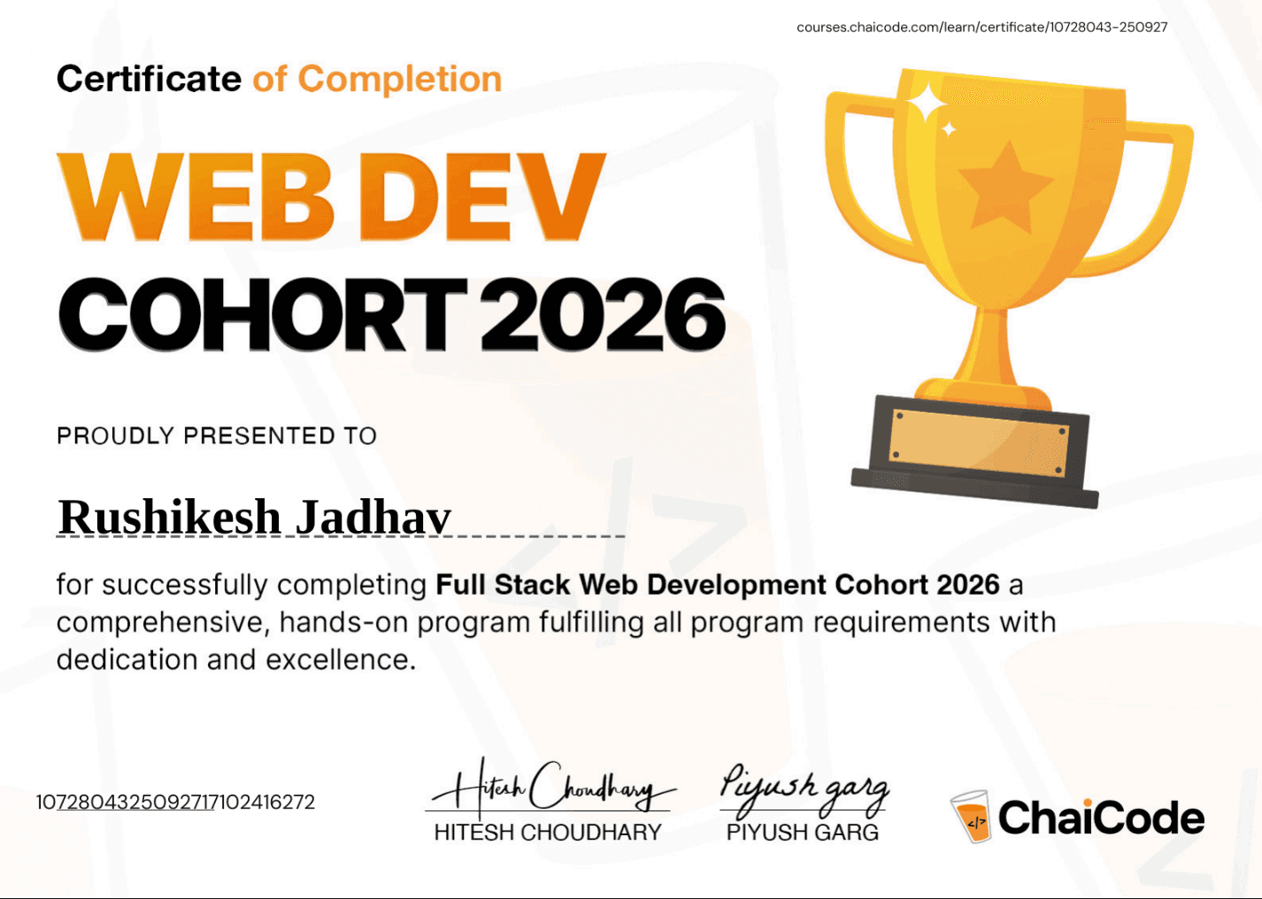 Web Development Cohort certificate